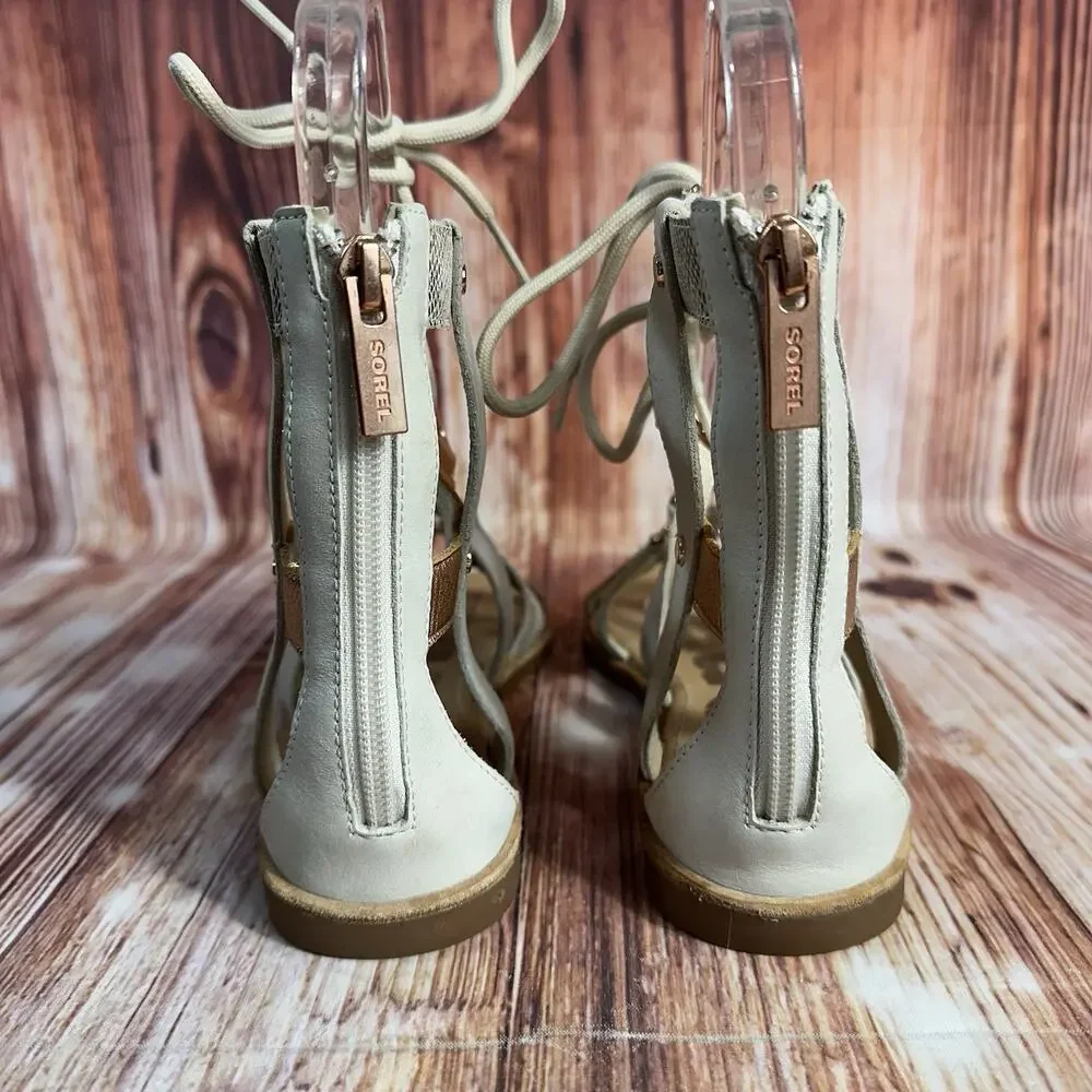 Sorel ELLA Size 10 Leather Zip Lace Up Gladiator Sandals Open Toe Shoe Flats - Picture 3 of 9